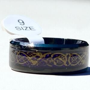 Black Stainless Steel Ring Gold Celtic Irish Weave Design Over Purple Inlay